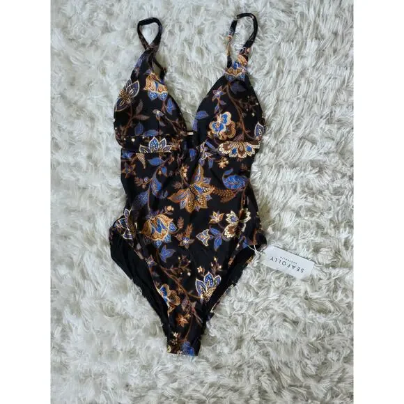 New Seafolly Printed V-Neck One-Piece Swimsuit - Size 6 - Picture 5 of 5